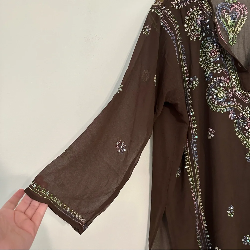 Betty B. Sheer Fairycore Brown Embroidered Boho Festival Tunic Top - Picture 4 of 6